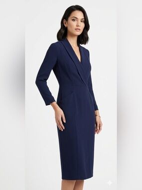 Armani Collezioni Midi Dress V Neck Long Sleeve Navy Size 14 Business Chic